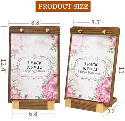 8.5x11 Acrylic Sign Holder with Wood-Color Base, Slant Back Vertical