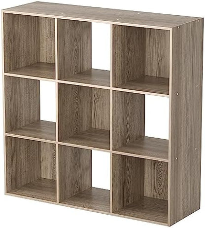 SUPER DEAL 9 Cube Open Shelf Bookcase, 3 x 3 Storage Organizer Shelf with 5 Removable Back Panels Wood Bookshelf System Display Rack for Home, Office, Bedroom, Living Room, Oak