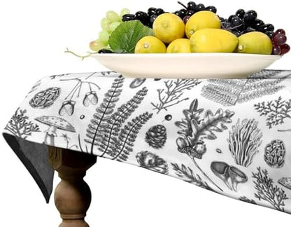 Vintage Mushroom Tablecloth, Black White Nature Forest Fern Leaves Autumn Plants Botanical Print Table Cover for Home Dining Decor Kitchen Party Outdoor 55x75in