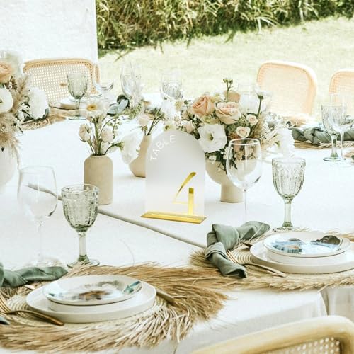 Frosted Arch Wedding Table Numbers 1-15, Gold Numbers and Stands