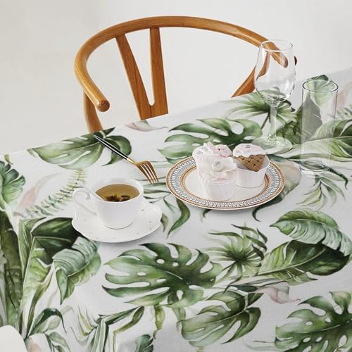 Green Tropical Leaves Tablecloth, Watercolor Jungle Plam Leaves Floral Botanical Print Farmhouse Holiday Tablecloths for Home Kitchen Party Dinner Decor 55x75in