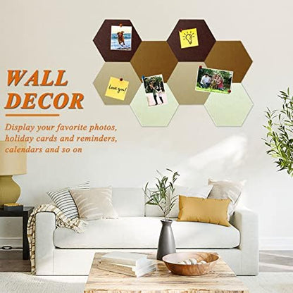 8 Pcs Hexagon Felt Cork Bulletin Board Tiles, Self Adhesive DIY Bulletin Board Pin Board for Office School Home Wall Decor Memos Photos Display (Gradual Brown)