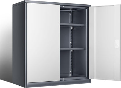 DNA MOTORING 36'' Metal Storage Cabinet, Locking Tool Cabinet with 2 Doors and 2 Adjustable Shelves, Heavy Duty Metal Locker for Garage,Office,Home,Gym, Gray White, TOOLS-00631-GY-WH-A