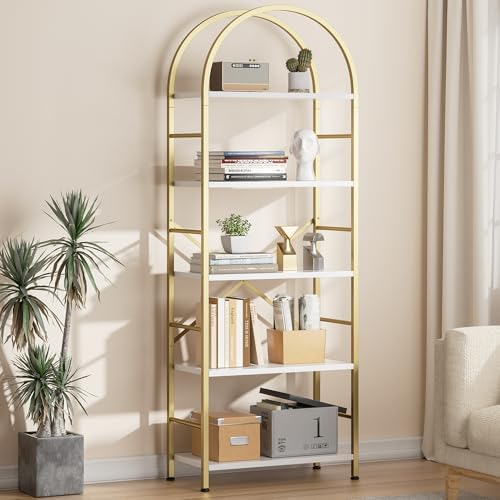 Shintenchi Bookshelf, Arched Bookshelf 5 Tier Bookcase Shelf for CDs/Books, Home Office Bookcase Shelf Storage Organizer, Modern Book Shelf for Bedroom/Living Room, Gold
