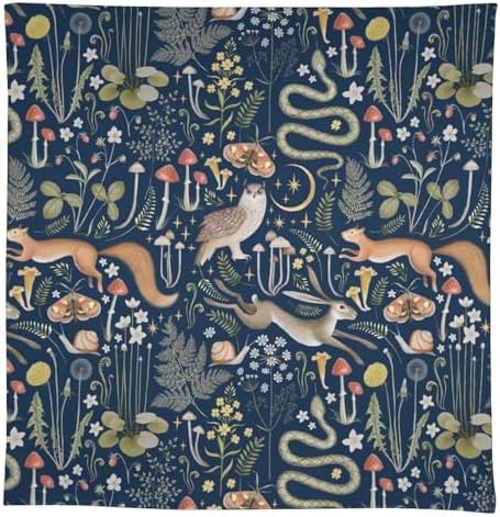 Fairy Forest Tablecloth, Retro Dark Blue Woodland Wildlife Owl Squirrel Print Rustic Flowers Mushrooms Table Cloth for Outdoor Picnic Home Dining Kitchen Table Decor 55x75in