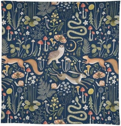 Fairy Forest Tablecloth, Retro Dark Blue Woodland Wildlife Owl Squirrel Print Rustic Flowers Mushrooms Table Cloth for Outdoor Picnic Home Dining Kitchen Table Decor 55x75in