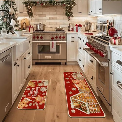 Baccessor Christmas Gingerbread Kitchen Rugs Set of 2,Red Gingerbread House Xmas Winter Snowman Kitchen Mats Washable Non Slip for Floor Hallway Laundry Sink Holiday Home Decor 17x29 and 17x47 Inch