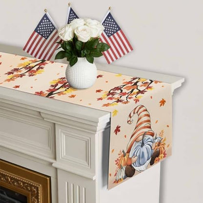 Fall Table Runner Fall Gnome Table Runners Harvest Thanksgiving Maple Leaves Blue Pumpkin Cotton Linen Dresser Scarf Kitchen Dining Table Decor for Autumn Holiday Party Coffee 13x36 Inch