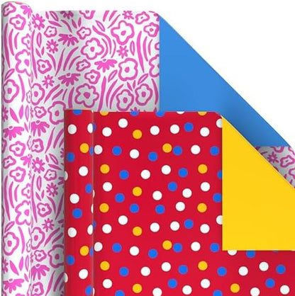 Hallmark Reversible Wrapping Paper Rolls - Checkered, Solids, Stripes, Polka Dots, Flowers, Gift Wrap Paper (Set of 6 Rolls: 150 sq. ft. ttl.) for Birthday, Christmas, Baby Shower, Graduation, All Occasion