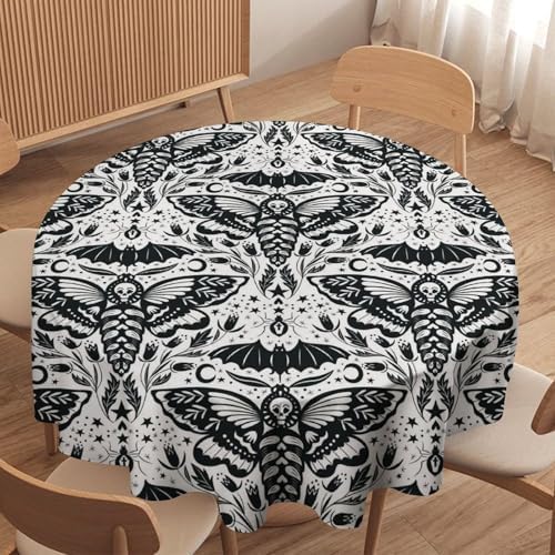 Boho Moth Tablecloth, Gothic Mysterious Halloween Black White Death Butterfly Bat Witch Print Table Cloth for Kitchen Dining Picnic Party Restaurant Decoration, 50x50in
