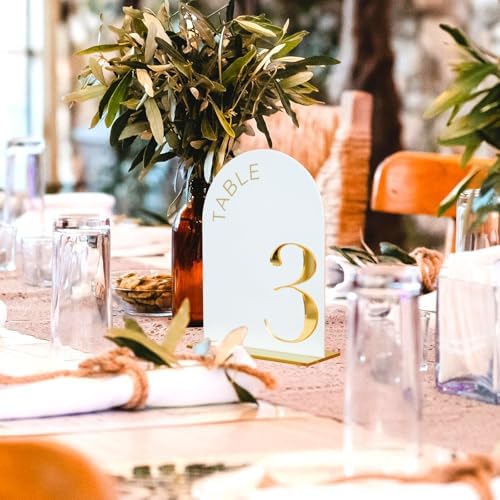 White Arch Wedding Table Numbers 1-10, Gold Numbers and Stands