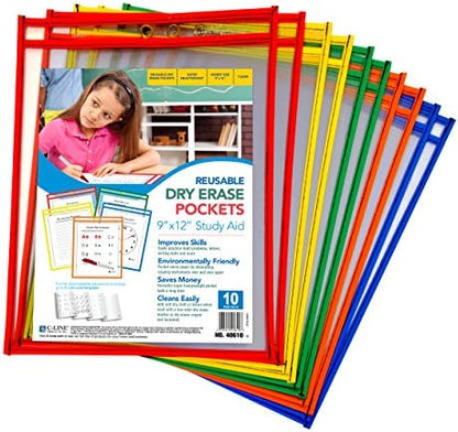 C-Line Reusable Dry Erase Pockets, 9 x 12 Inches, Assorted Primary Colors, 10 Pockets per Pack (40610)