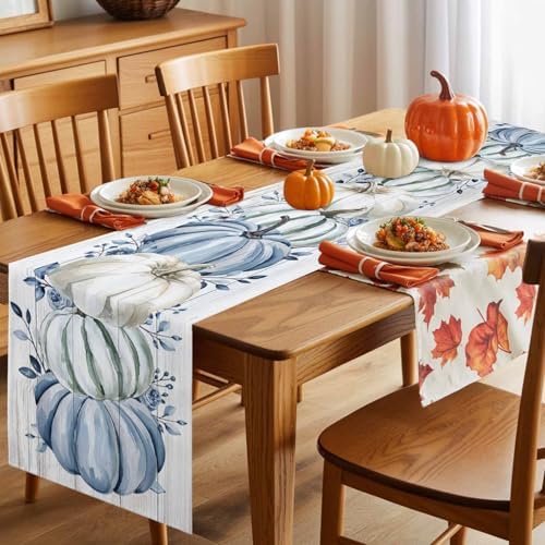 Fall Table Runner Blue Pumpkin Table Runners Harvest Thanksgiving White Blue Pumpkins Wooden Cotton Linen Dresser Scarf Kitchen Dining Table Decor for Autumn Holiday Party Coffee 13x72 Inch