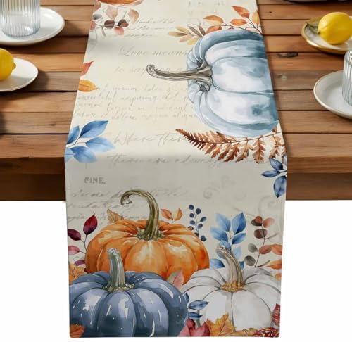 Fall Orange Blue Pumpkin Table Runner Dresser Scarf 13 x 60 Inch Eucalyptus Leaf Retro Thanksgiving Table Runners Non-Slip Heat Resistant Kitchen Dining Table Decor for Autumn Holidays Indoor Outdoor