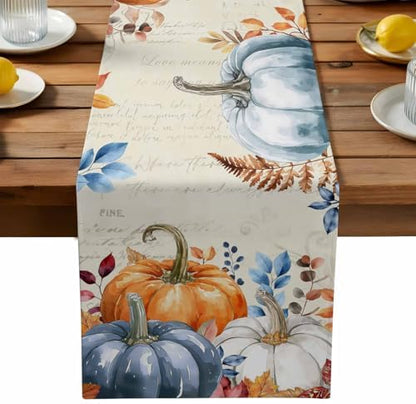 Fall Orange Blue Pumpkin Table Runner Dresser Scarf 13 x 60 Inch Eucalyptus Leaf Retro Thanksgiving Table Runners Non-Slip Heat Resistant Kitchen Dining Table Decor for Autumn Holidays Indoor Outdoor