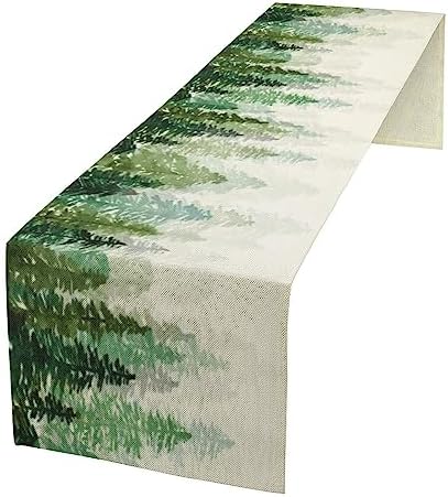 Forest Pine Trees Table Runner, Woodland Tabletop Scarf Home Kitchen Holiday Decor, Seasonal Farmhouse Rustic Dining Decorations Party Supply 13 X 120 Inch