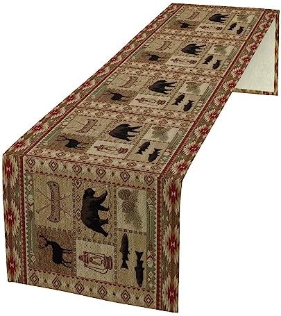 Vintage Rustic Cabin Bear Table Runner,Cottage Country Style Pine Tree Elk Wildlife Dinner Runner for Home Kitchen Dining Table Decoration 13"x70"