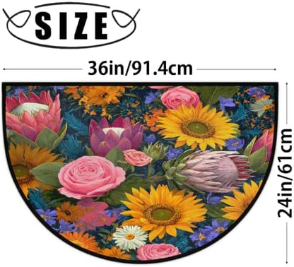 Sunflower Rose Half Round Door Mat Non Slip Washable Semi Circle Area Rug Absorbent Soft Half Moon Rug Floor Mat for Indoor Outdoor Kitchen Bathroom Patio Front Door Mat Decor