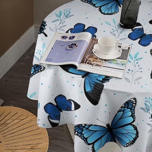 Blue Flying Butterfly Tablecloth, Vintage Celestial Butterfly Herbs Leaves Flower Print Table Cloth for Farmhouse Kitchen Party Picnic Dinner Decor, 60x60in