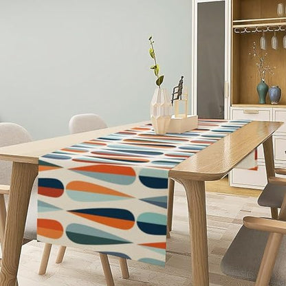 Mid Century Modern Table Runner Retro Blue Orange Grey Water Droplets Geometric Table Runner for Kitchen Dining Room Dining Table Decoration 13x120in