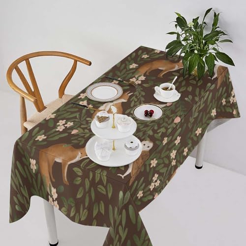 Woodland Animals Tablecloth, Rustic Forest Fox Owl Bird Green Plants Leaves Print Table Cover for Farmhouse Kitchen Dinning Indoor Outdoor Party Decor 60x110in
