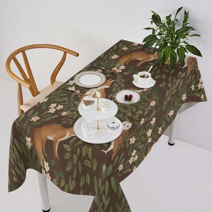 Woodland Animals Tablecloth, Rustic Forest Fox Owl Bird Green Plants Leaves Print Table Cover for Farmhouse Kitchen Dinning Indoor Outdoor Party Decor 60x110in