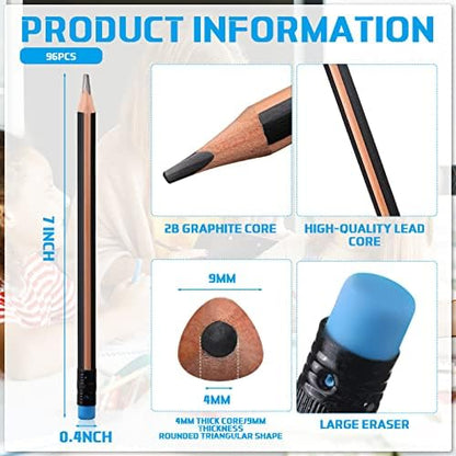 Seajan 96 Pcs 2b Jumbo Pencils, Big, Fat, Thick, Triangular Grip 7 Inch Large Pencils Refill with Eraser for Beginners Office Christmas Gifts(Black)