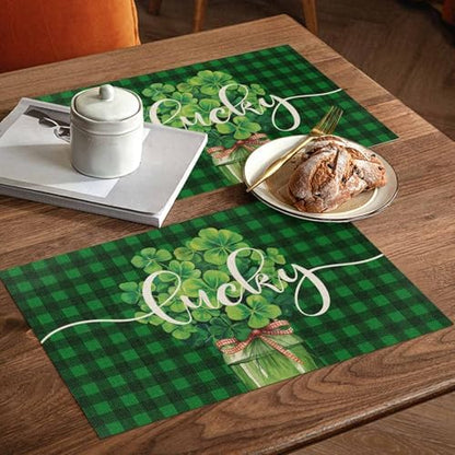 Shamrock Clover Green Buffalo Plaid Placemats Set of 4, Irish Spring Cotton Linen Table Mats Non-Slip Washable Dark Green Check Shamrock St. Patrick's Day Leaf Placemat for Dining Kitchen Table Decor