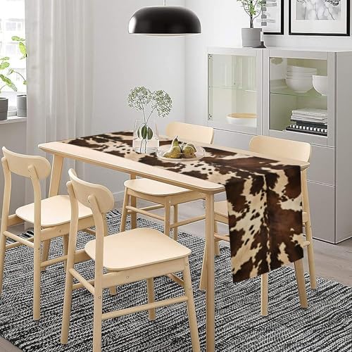 Cow Print Table Runner, Brown Cowhide Western Style Runner Country Farmhouse Cottage Patten Decoration for Home Kitchen Dining,13x90 Inch