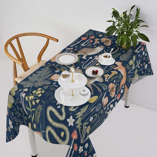 Fairy Forest Tablecloth, Retro Dark Blue Woodland Wildlife Owl Squirrel Print Rustic Flowers Mushrooms Table Cloth for Outdoor Picnic Home Dining Kitchen Table Decor 55x75in