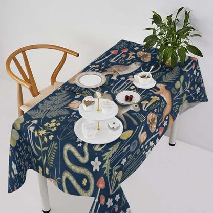 Fairy Forest Tablecloth, Retro Dark Blue Woodland Wildlife Owl Squirrel Print Rustic Flowers Mushrooms Table Cloth for Outdoor Picnic Home Dining Kitchen Table Decor 60x90in