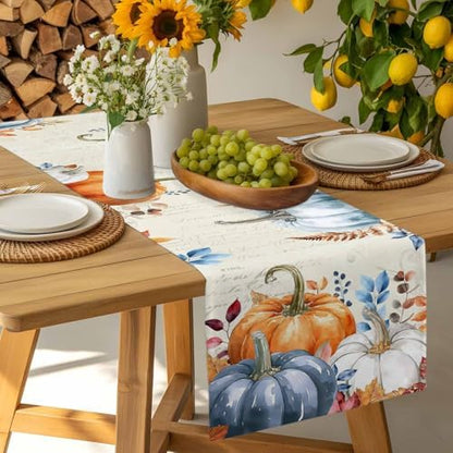 Fall Orange Blue Pumpkin Table Runner Dresser Scarf 13 x 72 Inch Eucalyptus Leaf Retro Thanksgiving Table Runners Non-Slip Heat Resistant Kitchen Dining Table Decor for Autumn Holidays Indoor Outdoor
