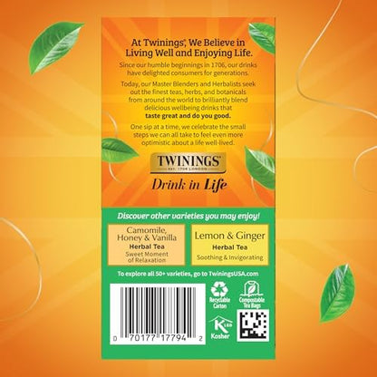 Twinings Decaffeinated Green Tea Individually Wrapped Bags, 20 Count (Pack of 1), Smooth Flavour, Enticing Aroma, Enjoy Hot or Iced, 20 Teabags
