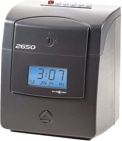 Pyramid Time Systems - 2650 Pro Auto Aligning Time Clock - Charcoal | Bundle Includes 25 Time Cards, Ribbon and 2 Security Keys (5"h x 7.25"w x 8.5"d)
