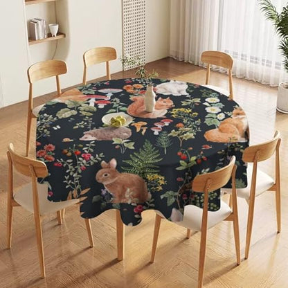 Watercolor Forest Tablecloth, Rustic Woodland Animals Squirrel Rabbit Fox Wild Flower Mushroom Leaves Print Table Cloth Cover for Kitchen Dining Indoor Outdoor Decor, 36x36in