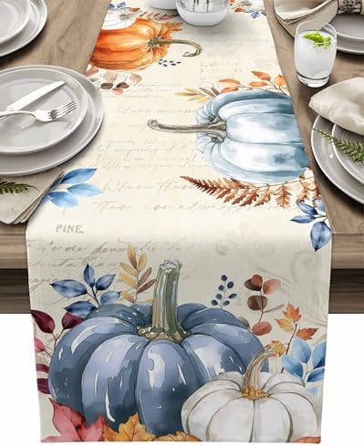 Fall Pumpkin Table Runner Dresser Scarf 16 x 72 Inch Blue Orange Maple Leaf Rustic Table Runners Non-Slip Heat Resistant Kitchen Dining Table Decor for Autumn Thanksgiving Holidays Indoor Outdoor