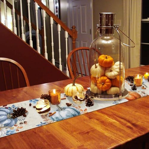Fall Pumpkin Table Runner Dresser Scarf 13 x 108 Inch Blue Orange Maple Leaf Rustic Table Runners Non-Slip Heat Resistant Kitchen Dining Table Decor for Autumn Thanksgiving Holidays Indoor Outdoor