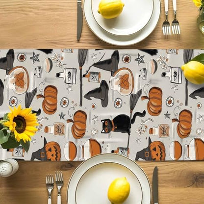 Vintage Style Table Runner Dresser Scarf 13 x 108 Inch Halloween Black Cat Orange Pumpkin Witch Hat Table Runners Non-Slip Heat Resistant Kitchen Dining Table Decor for Home Holidays Indoor Outdoor