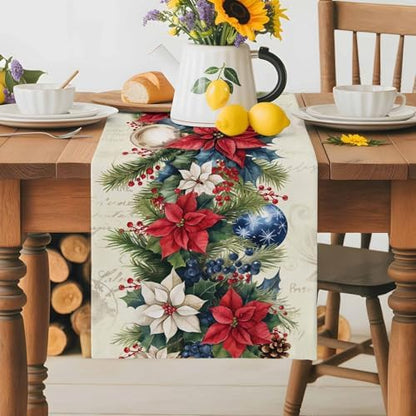 Christmas Poinsettia Table Runner Dresser Scarf 13 x 72 Inch Red Flower Holly Berries Xmas Ball Beige Table Runners Non-Slip Heat Resistant Kitchen Dining Table Decor for Home Holidays Indoor Outdoor