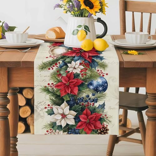 Christmas Poinsettia Table Runner Dresser Scarf 13 x 36 Inch Red Flower Holly Berries Xmas Ball Beige Table Runners Non-Slip Heat Resistant Kitchen Dining Table Decor for Home Holidays Indoor Outdoor