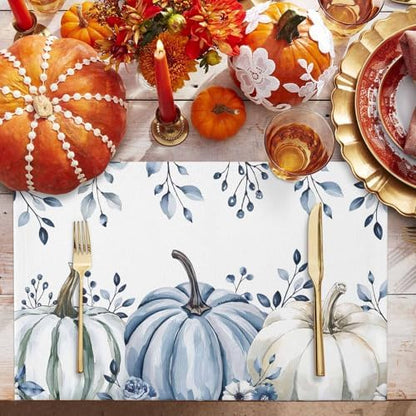 Fall Placemats Set of 6, White Blue Pumpkin Place Mats Blue Eucalyptus Leaves Tablemats Harvest Thanksgiving Placemat Table Decoration for Kitchen Table Holiday Dinner Party Autumn Home Decor
