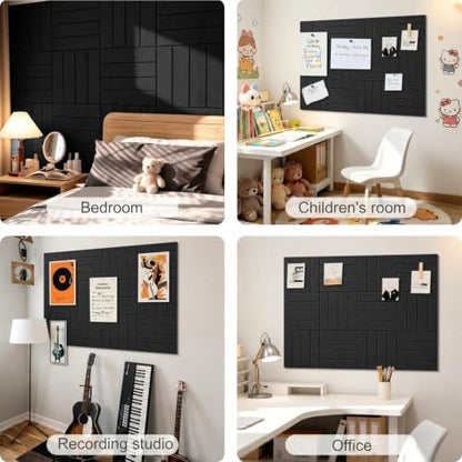 0.47" Thick Felt Wall Tiles 36"x24" Cork Board Alternative 6 Pack 11.81"x11.81"Felt Bulletin Board Pin Board with Removable Adhesive Tape&30 Pushpins for Home Office School(Bold-Black)