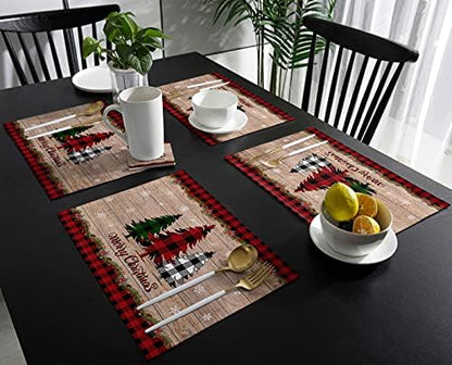 Artwork Store Merry Christmas Placemats Set of 4,Cotton Linen Table Mats Non-Slip Washable Buffalo Plaid Farm Xmas Tree Snowflake Pine Tree Placemat for Holiday Party Dining Kitchen Table Decor