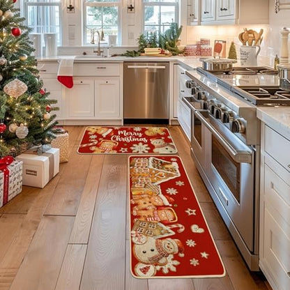 Baccessor Christmas Gingerbread Kitchen Rugs Set of 2,Red Gingerbread House Xmas Winter Snowman Kitchen Mats Washable Non Slip for Floor Hallway Laundry Sink Holiday Home Decor 17x29 and 17x47 Inch