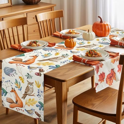 Fall Table Runner Autumn Animal Table Runners Harvest Thanksgiving Owl Bird Fox Leaves Cotton Linen Dresser Scarf Kitchen Dining Table Decor for Autumn Holiday Party Coffee 13x90 Inch