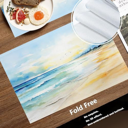 Batmerry Beach Scene Linen Placemats Set of 4, Serene Ocean View Washable Table Mats for Kitchen Table Thickened Heat Insulation Dining Set Indoor Outdoor 12X18 in