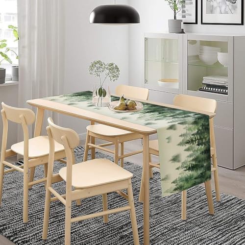 Watercolor Green Pine Trees Table Runner, Forest Woodland Tabletop Scarf Home Kitchen Holiday Decor, Seasonal Farmhouse Rustic Dining Decorations Party Supply 13 X 108 Inch