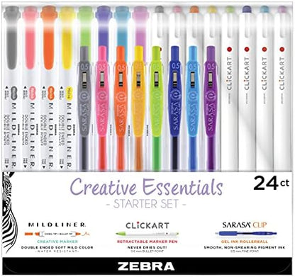 Zebra Pen Creative Essentials, MILDLINER, CLiCKART & SARASA, Assorted, 24Pk