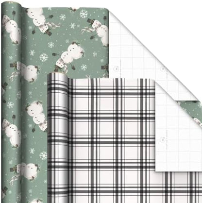 Hallmark Sage Green Christmas Wrapping Paper, 4 Rolls (Plaid, Snowmen)