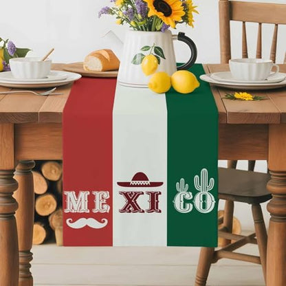 Mexico Flag Table Runner Dresser Scarf 13 x 108 Inch Green Red Color Cactus Hat Striped Modern Table Runners Non-Slip Heat Resistant Kitchen Dining Table Decor for Home Holidays Indoor Outdoor